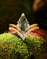 CELIA Natuer Inspired Marquise Cut Moss Agate Engagement Ring Set with Curved Wedding Band